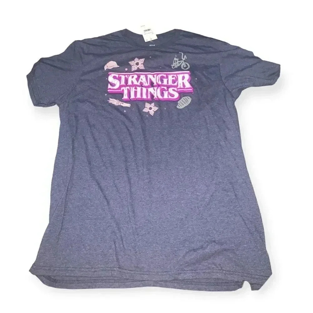 DONATED Stranger Things Blue T-Shirt with Pink Logo Sz Large Adult NEW NWT